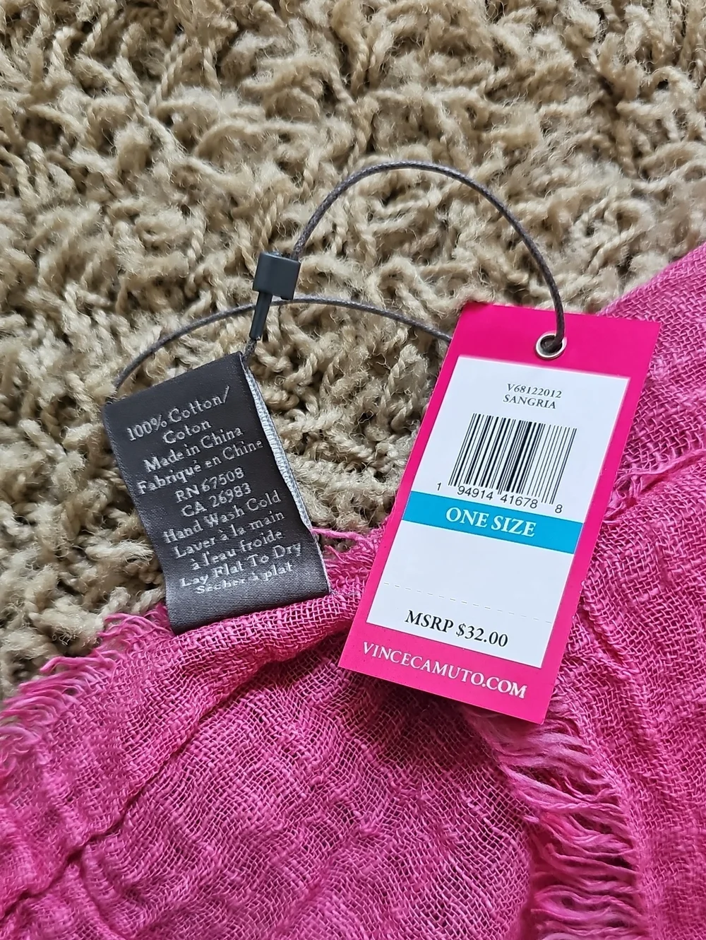 NWT Vince Camuto Scarf 100% Cotton Crinkled Gauze Texture Frayed Tassel Edges